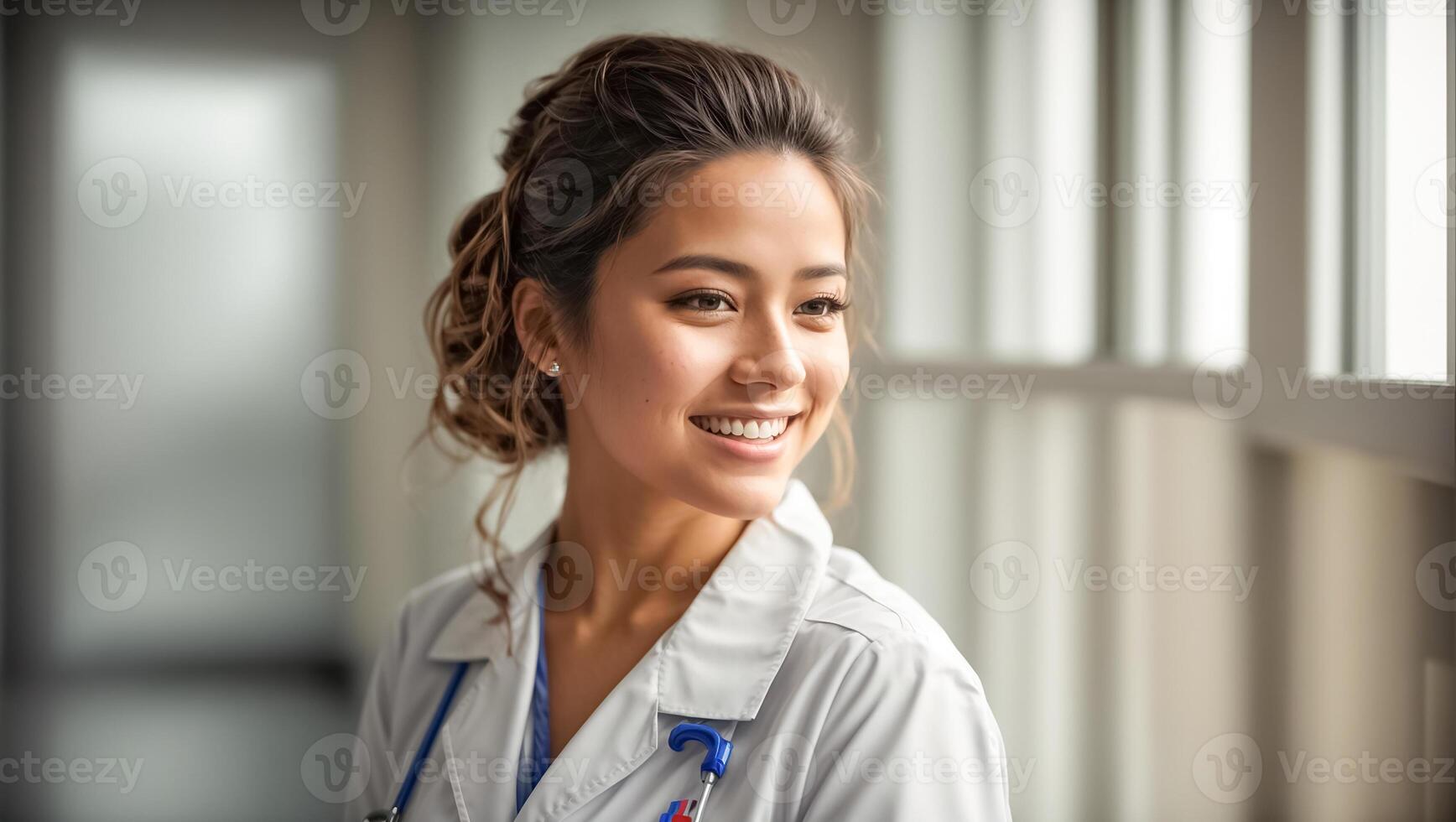 ai généré portrait de une content femelle médecin dans une clinique photo