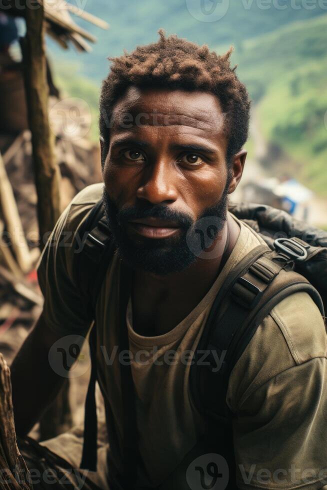 ai généré portrait de une de bonne humeur voyageur contre le Contexte de la nature photo