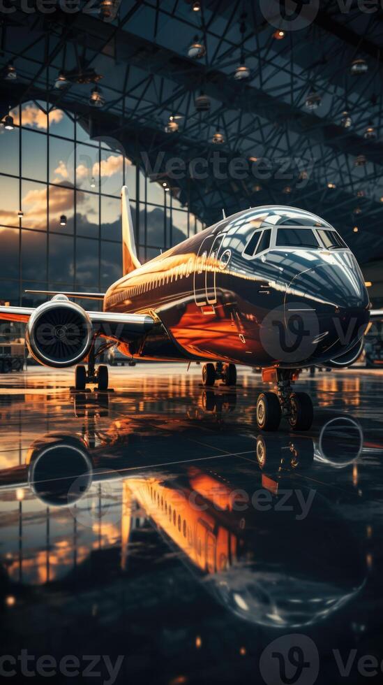 ai généré une grand passager avion des stands dans un aéroport hangar photo