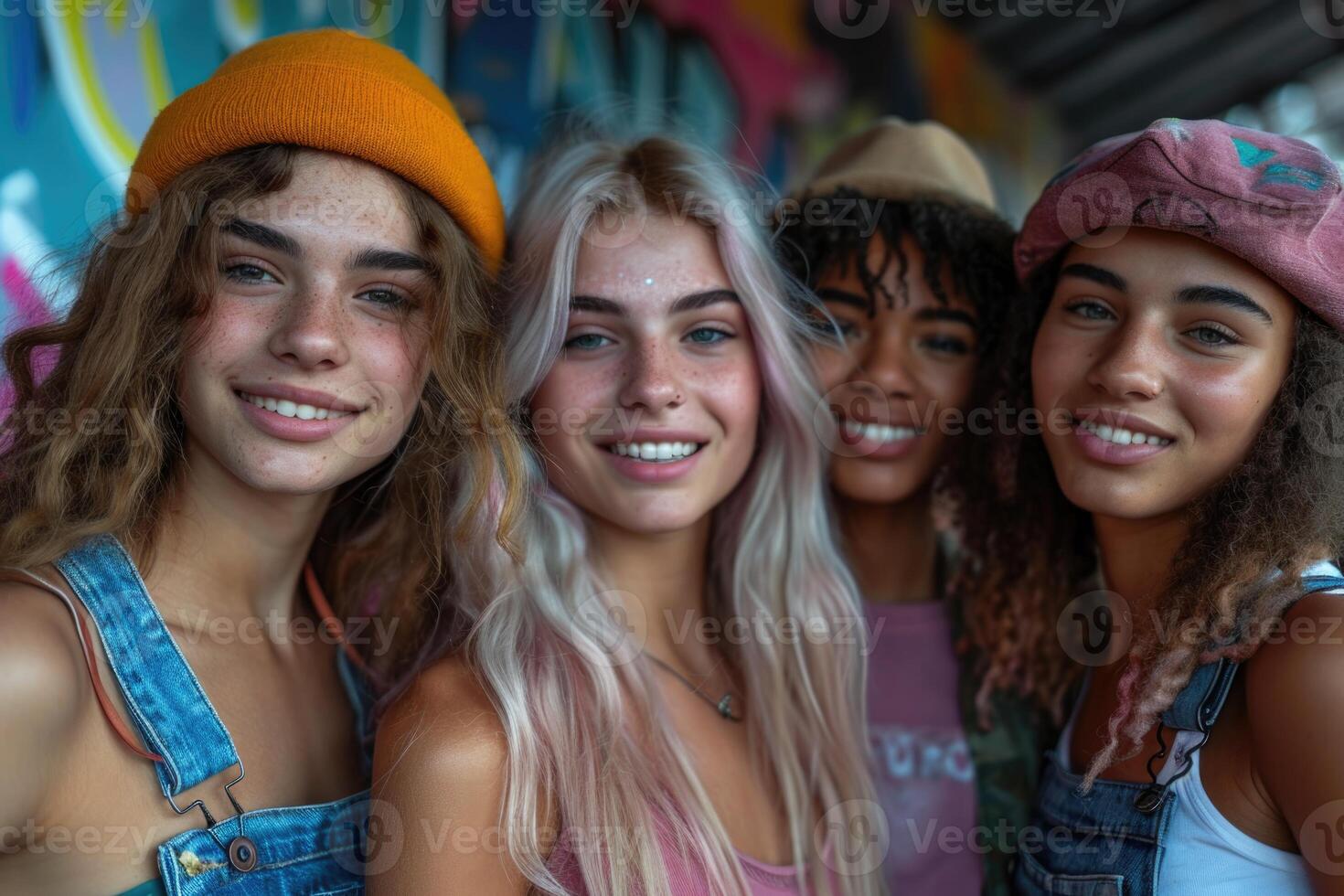 ai généré portrait de souriant copines dans été lumière vêtements sur le Contexte de le rue. une groupe de copains photo