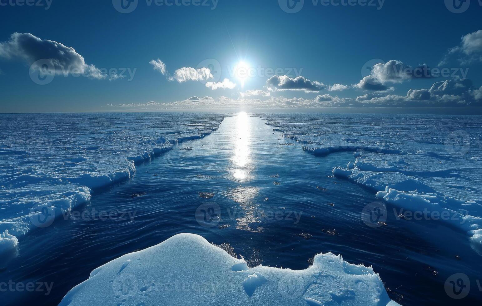 ai généré Soleil brillant sur ouvert mer la glace création une pétillant magique scène de la nature beauté, global Température monter image photo