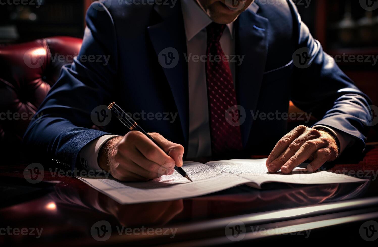 ai généré avocat signature document entouré par loi livres dans bureau, entreprise papier rapports image photo