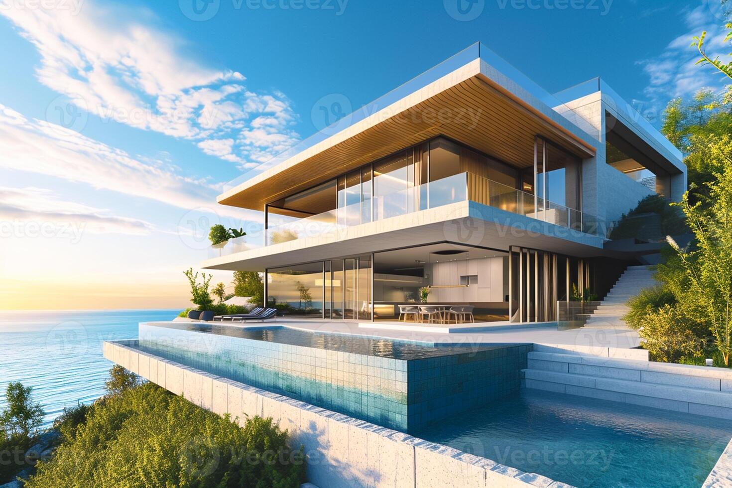 ai généré moderne maison moderne villa avec piscine, luxueux intérieurs exotique paysages ai généré photo