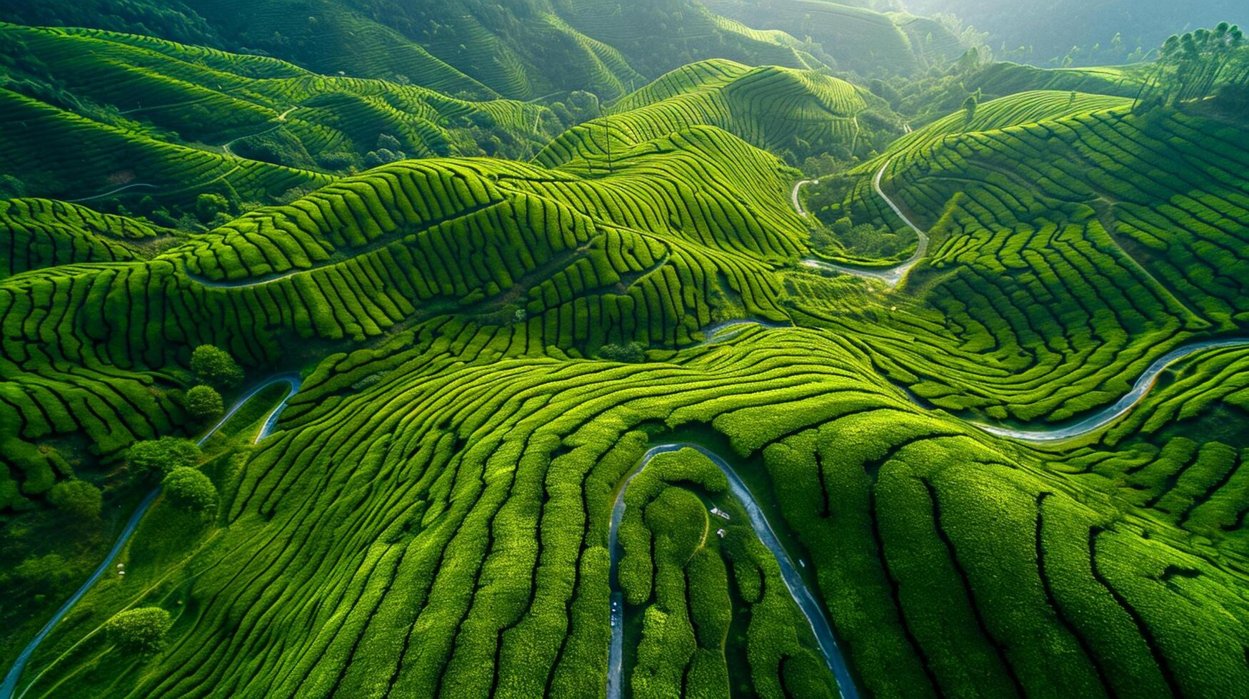 ai généré aérien vue de vibrant vert thé plantations est magnifique vue à voir. le plantations sont organisé dans soigné Lignes cette forme complexe motifs sur le paysage. ai généré photo