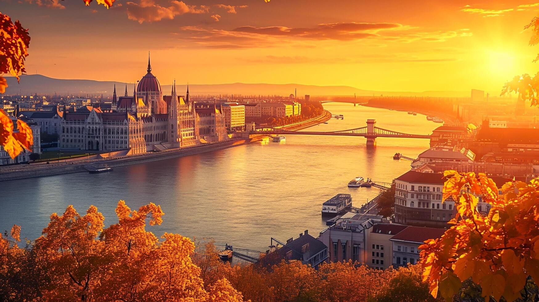 ai généré image de scénique vue de ville avec important architectural structure, pont plus de rivière, et le alentours paysage baigné dans le chaud lueur de le coucher du soleil ai généré photo