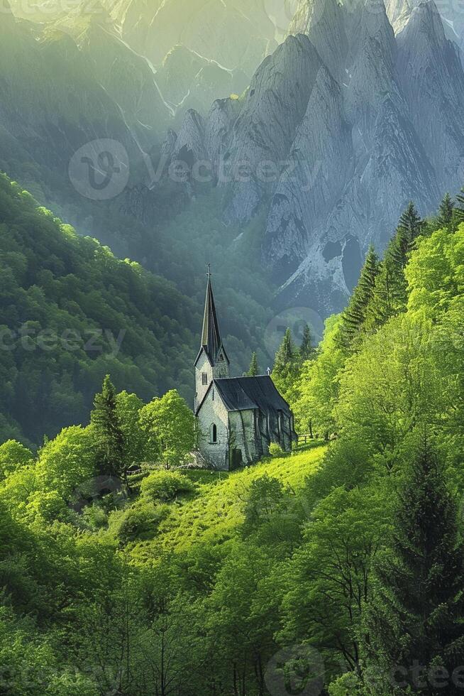 ai généré serein paisible environnement petit église niché au milieu de luxuriant verdure et imposant montagnes ai généré photo