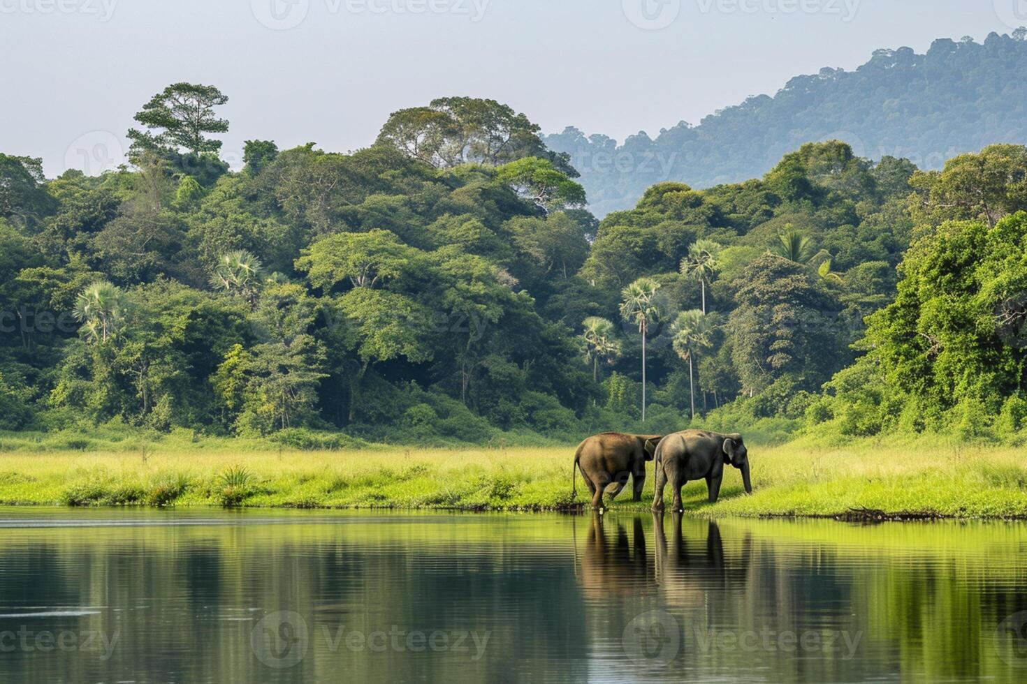 ai généré tranquille scène dans la nature où deux éléphants sont vu près le l'eau bord. ai généré photo