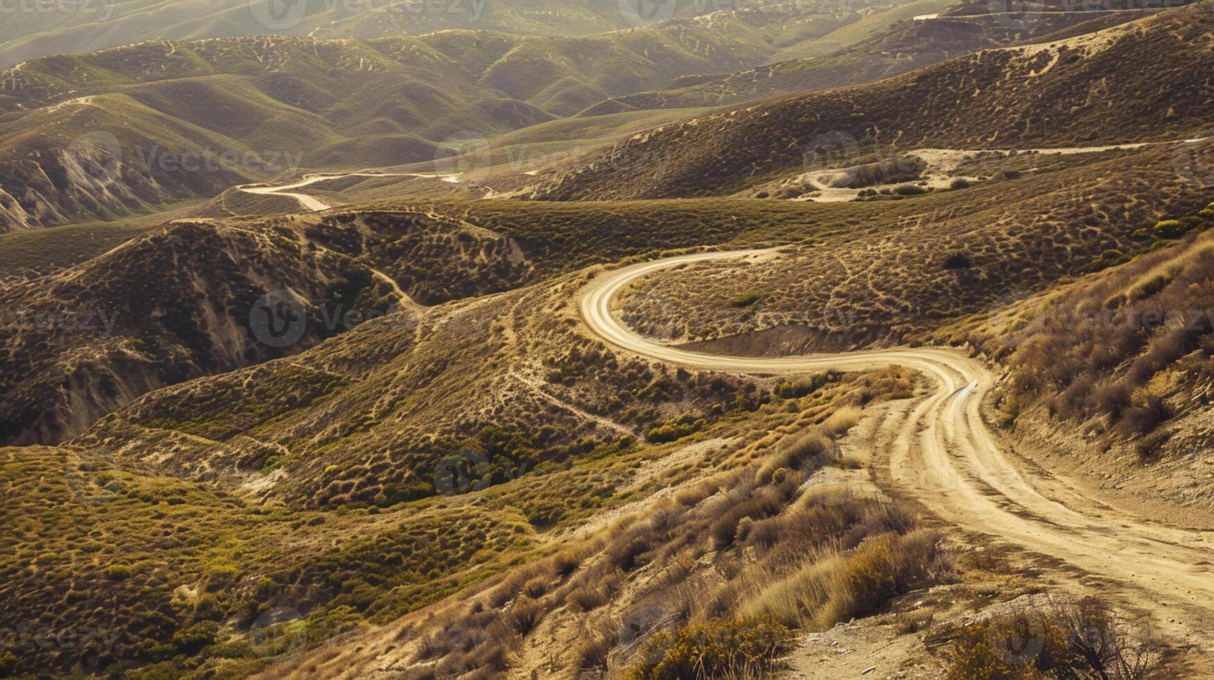 ai généré photo de route traversant par robuste et clairsemé paysage. le route devrait être étroit et non pavé, serpentant ses façon montée au milieu de le brunâtre vert terrain ai généré