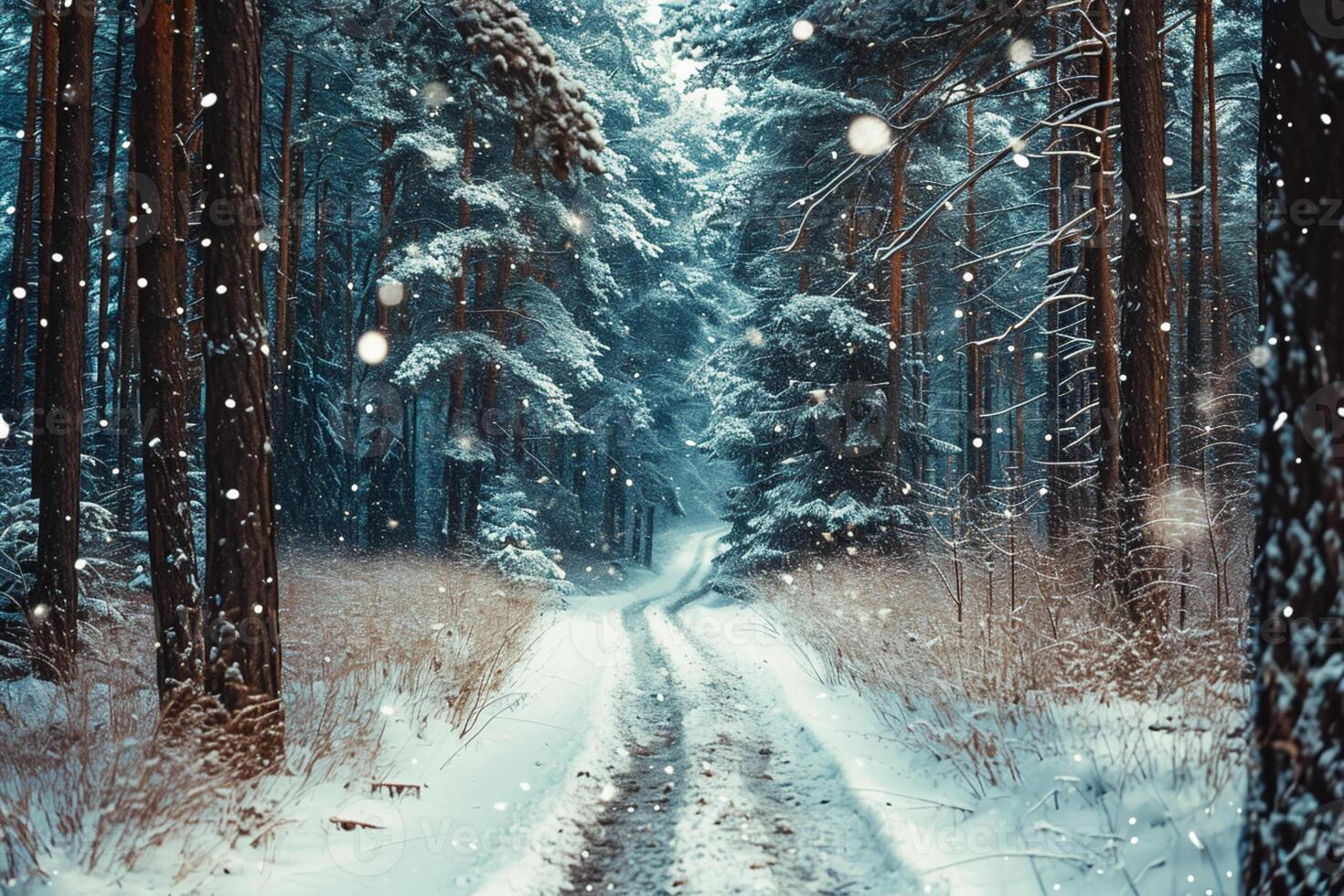 ai généré image de neigeux chemin enroulement par dense forêt de grand, mince des arbres. flocons de neige sont chute doucement, ajouter à le tranquille et serein atmosphère ai généré photo