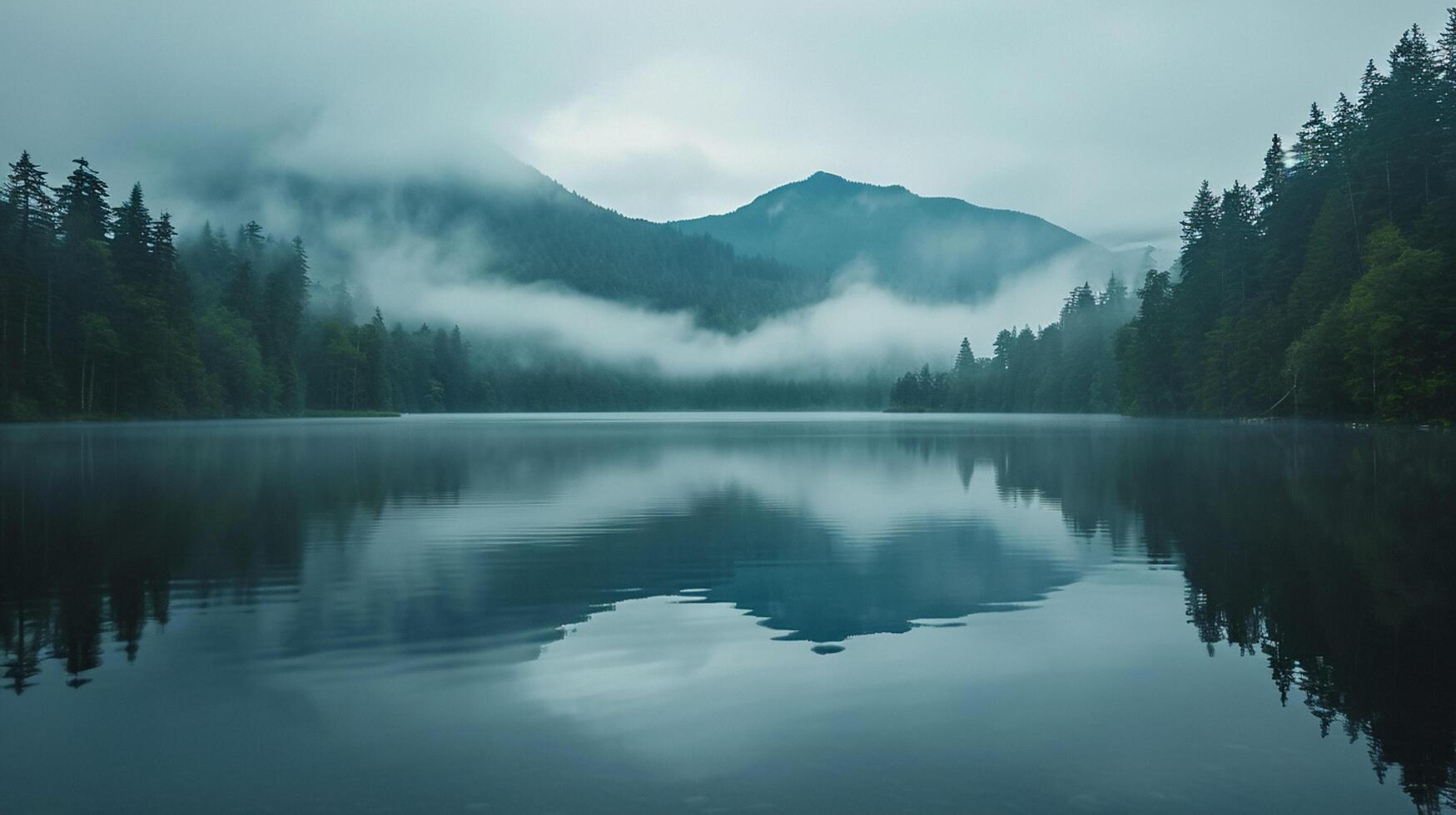 ai généré tranquille Lac entouré par dense forêt avec brumeux montagnes dans le Contexte. le l'eau dans le Lac est toujours, reflétant le alentours paysage comme miroir ai généré photo