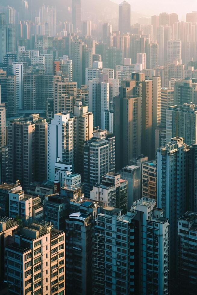 ai généré photo paysage urbain grattes ciels bâtiments. architectural la diversité est évident, avec bâtiments indicatif de un de bonne heure Matin ou en retard après midi réglage dans occupé Urbain environnement ai généré