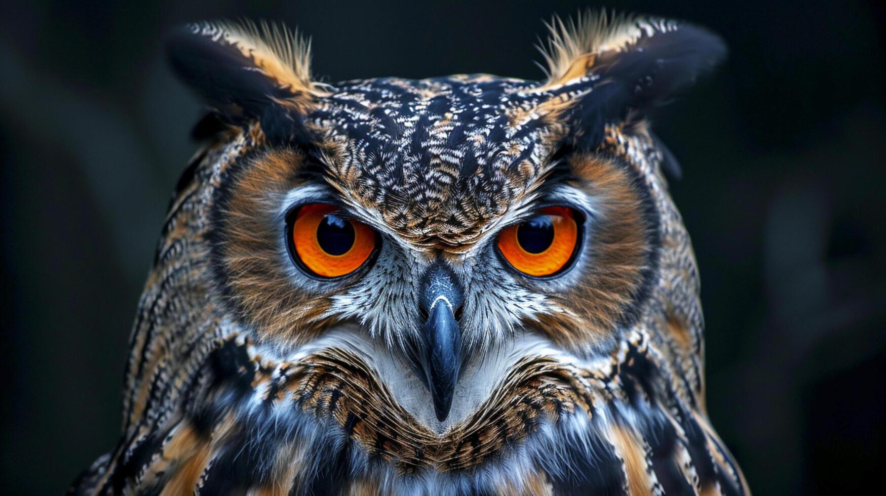 ai généré fermer image de un hibou avec intense, Orange yeux et détaillé plumes ai généré photo