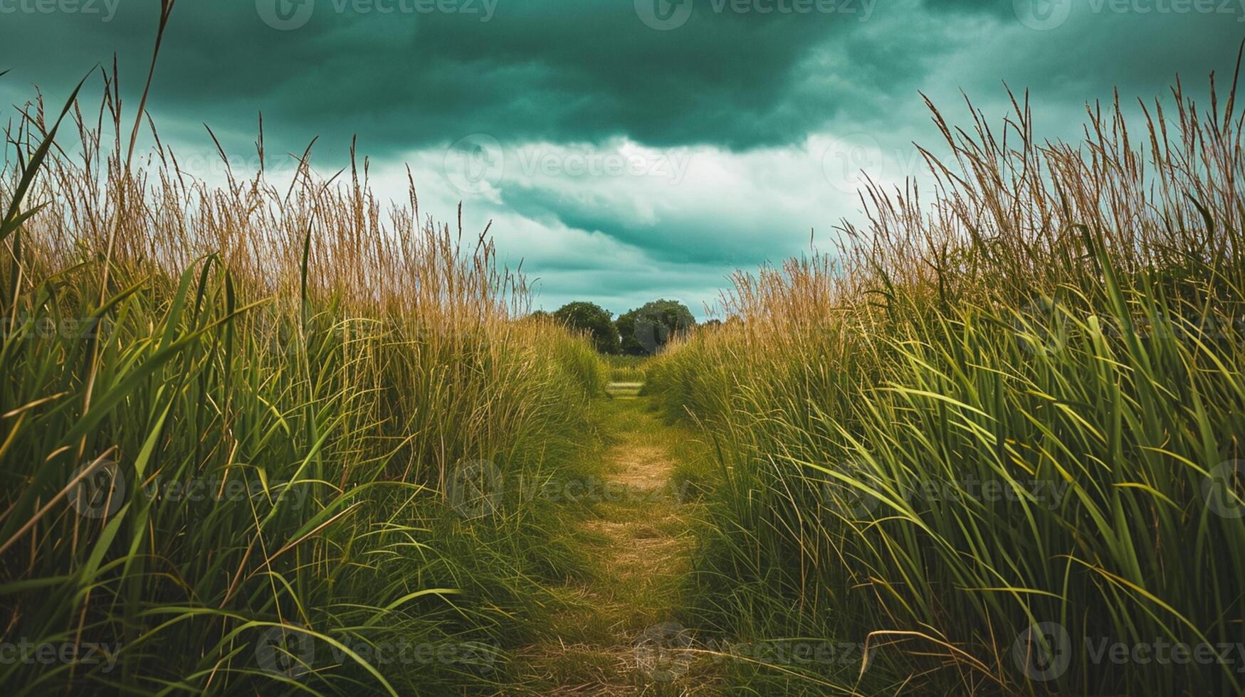 ai généré étroit sentier Coupe par grand herbe. le herbe sur Soit côté de le chemin sont dense et apparaître à être balancement, donnant dynamique ressentir à le scène. ai généré photo