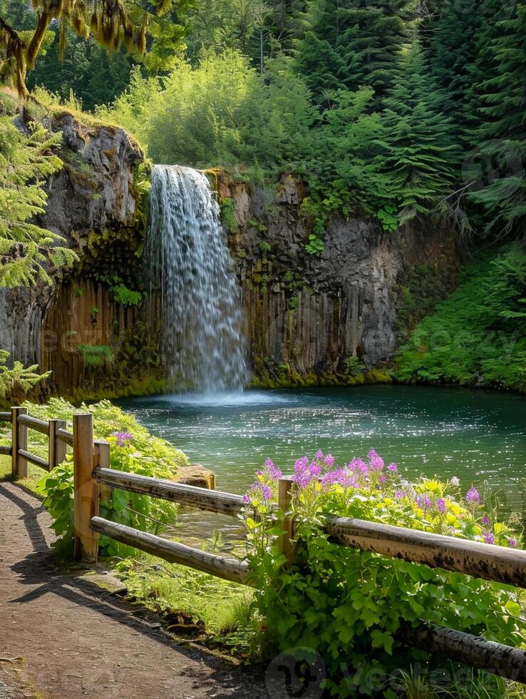 ai généré serein image capture pittoresque scène de la nature avec cascade, forêt, étang et rocheux ai généré photo