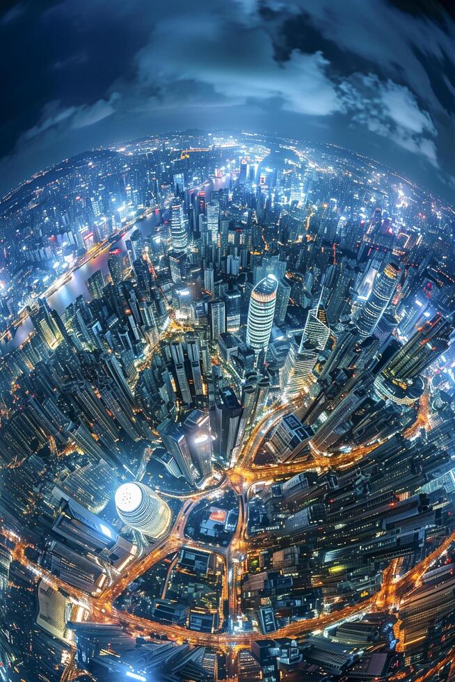 ai généré Stupéfiant aérien nuit vue de une vibrant paysage urbain ai généré photo