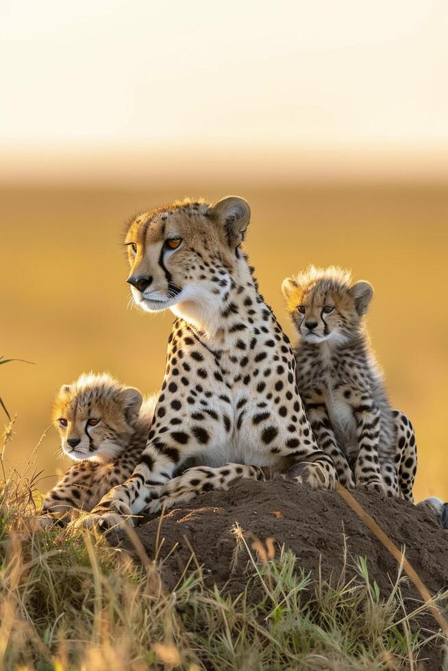 ai généré guépard avec sa petits repos sur une monticule dans le sauvage, baigné dans le d'or lumière de le en hausse Soleil ai généré photo