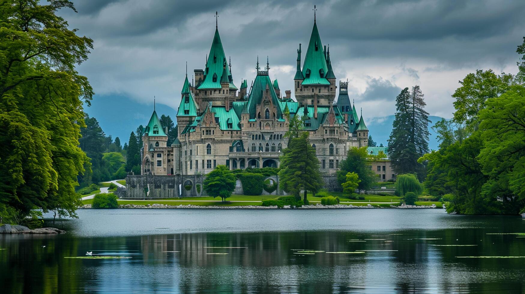 ai généré photo de majestueux Château comme structure, entouré par luxuriant verdure et serein corps de l'eau. le bâtiment plusieurs tours avec pointu toits, et vert les toits. ai généré