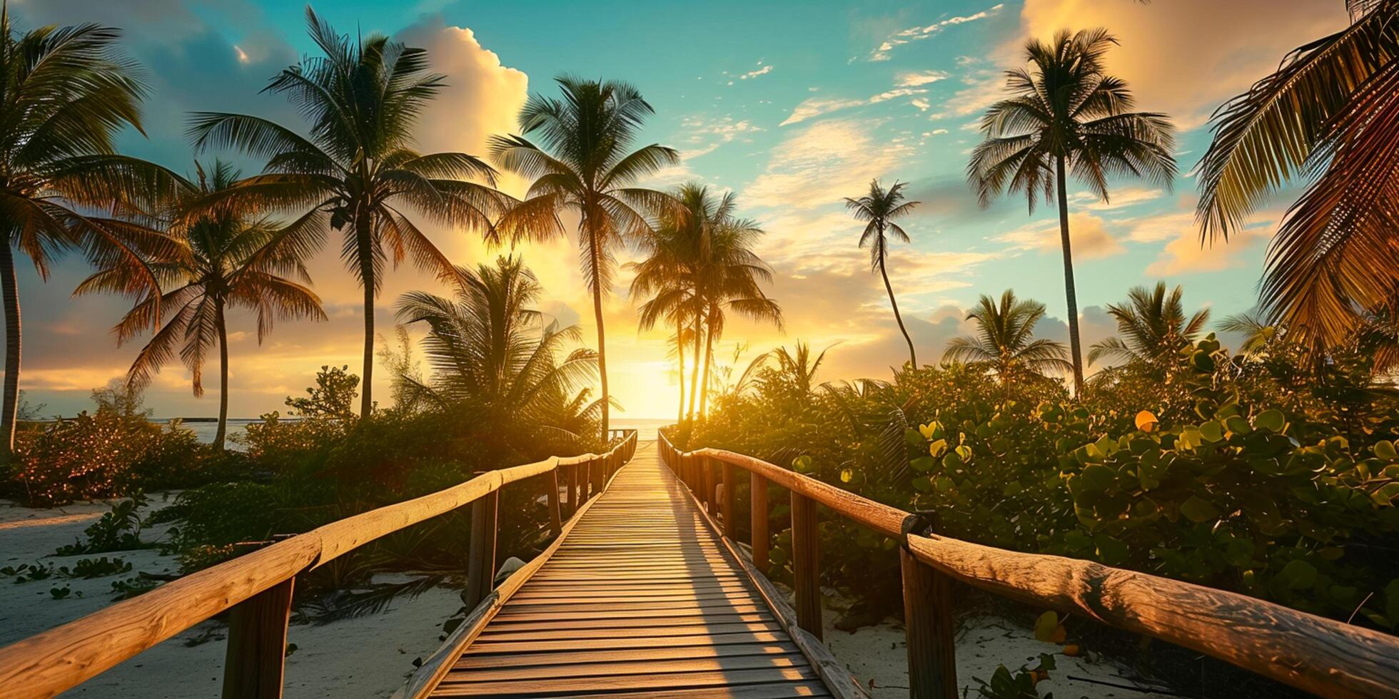 ai généré promenade avec paume des arbres dans tropical île à coucher de soleil, dans le style de luxueux ai généré photo