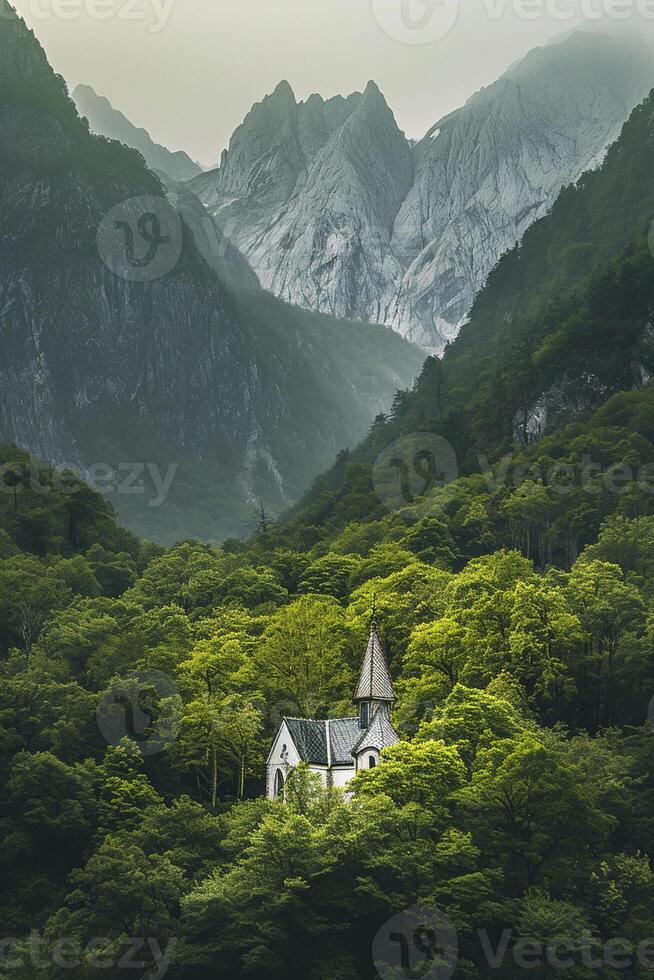 ai généré serein paisible environnement petit église niché au milieu de luxuriant verdure et imposant montagnes ai généré photo