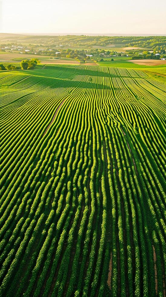 ai généré aérien vue campagne avec émeraude vert des champs nuageux ciel mettant en valeur le beauté de rural architecture. ai généré photo