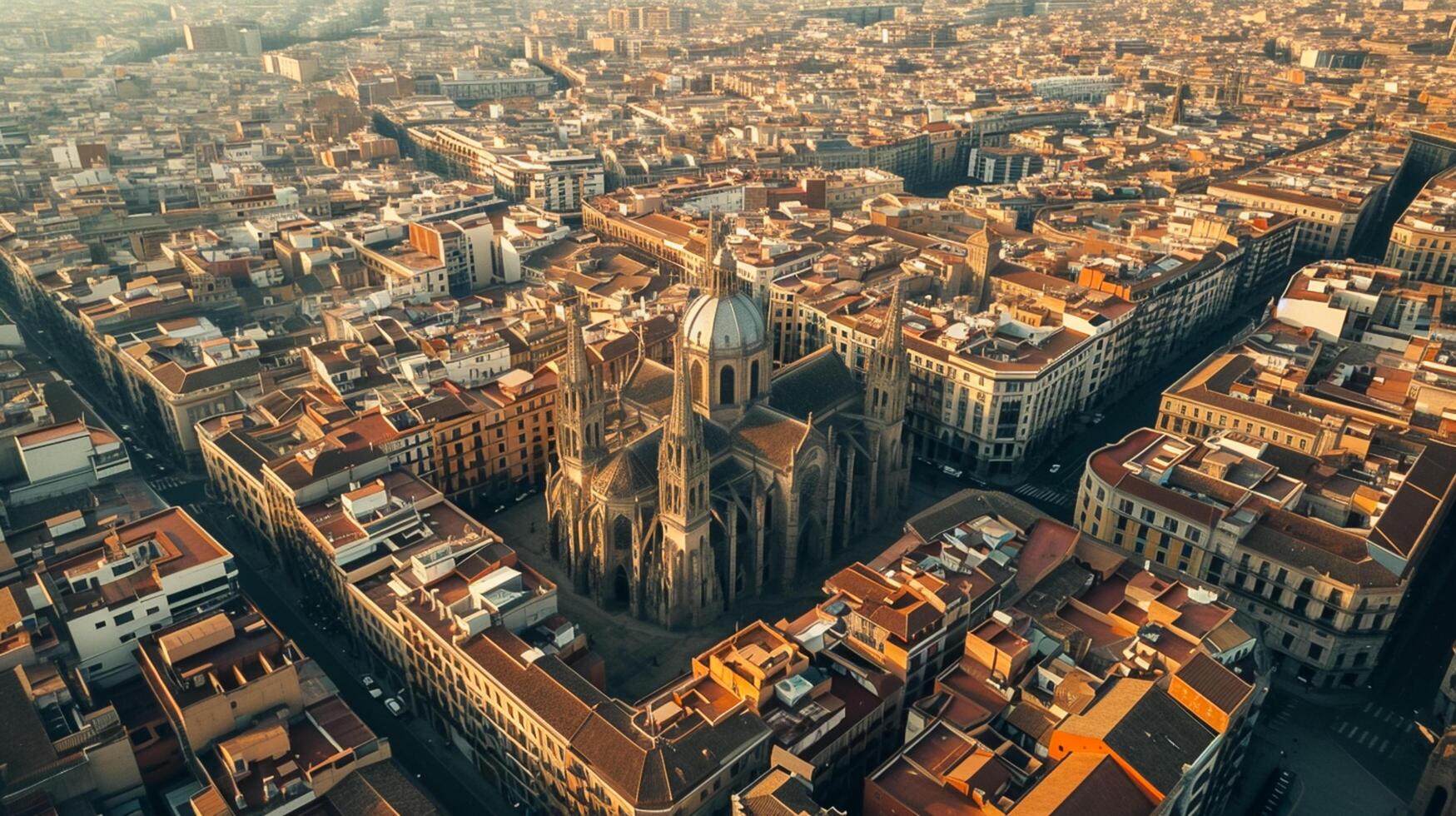 ai généré aérien vue capture historique cathédrale entouré par à forte densité emballé paysage urbain. le ville a étroit des rues et marron les toits, avec traditionnel architecture ai généré photo