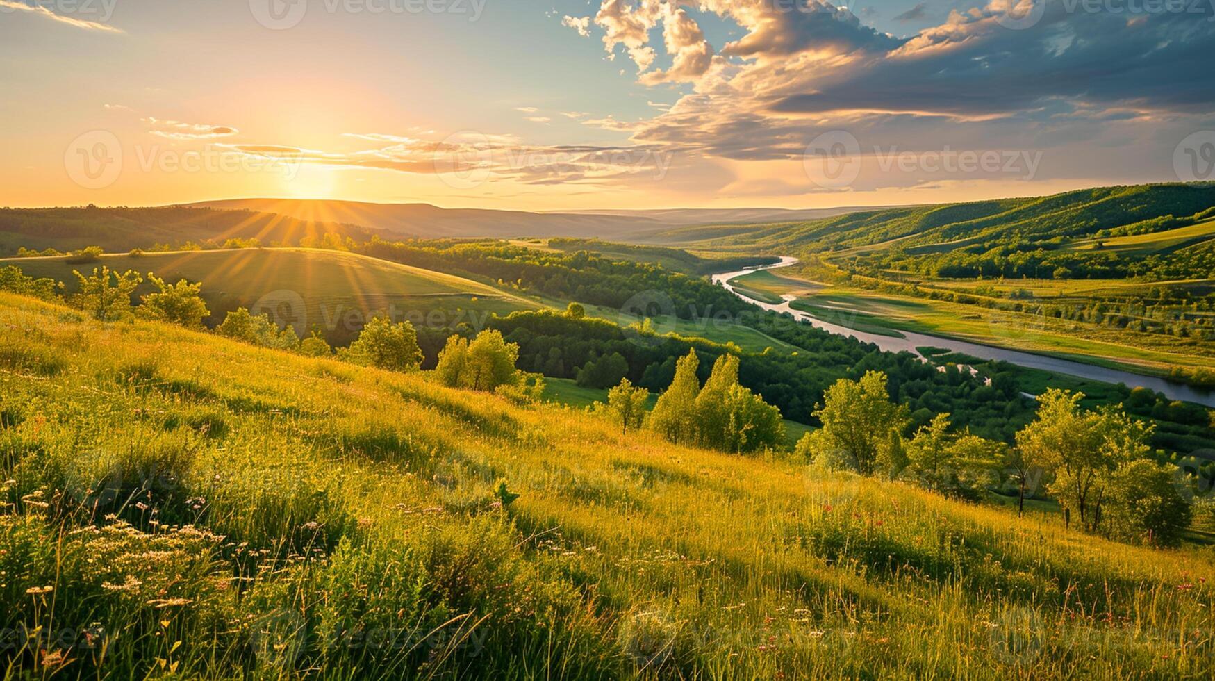 ai généré photo vaste prairie avec vert herbe, large rivière dans le distance, et luxuriant forêt sur tous les deux côtés, longue exposition ai généré