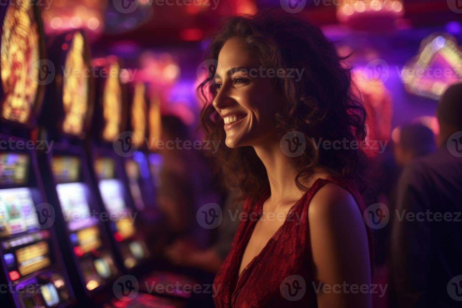 ai généré femme profiter fente machine à casino. photo