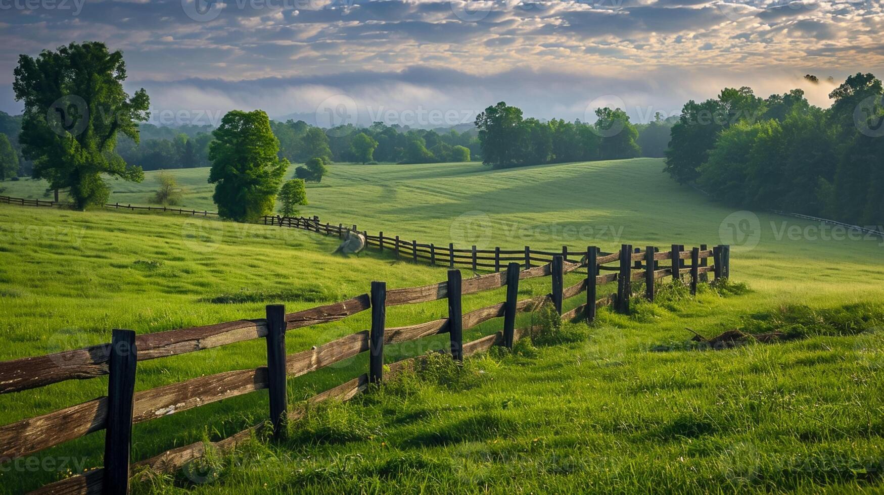 ai généré Divisé rail clôture s'étire à travers le campagne, partage le luxuriant vert des champs, et cheval broute pacifiquement proche, longue exposition la photographie ai généré photo