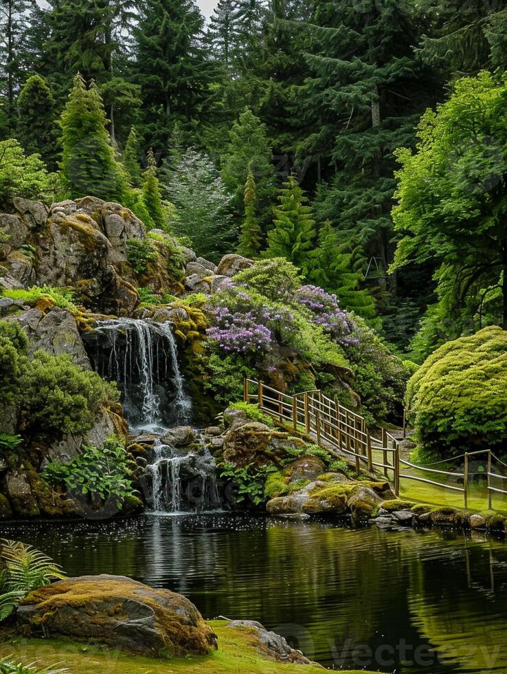 ai généré serein image capture pittoresque scène de la nature avec cascade, forêt, étang et rocheux ai généré photo