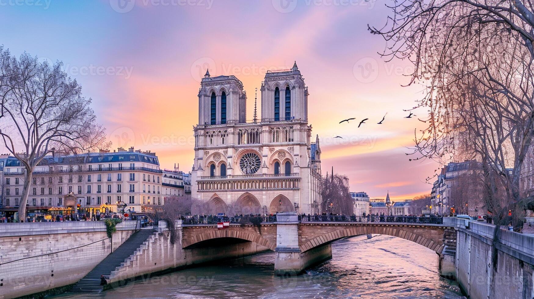 ai généré photo de le iconique notre dame cathédrale dans Paris, avec serein rivière écoulement dans le premier plan et doux, coloré ciel à crépuscule comme toile de fond ai généré