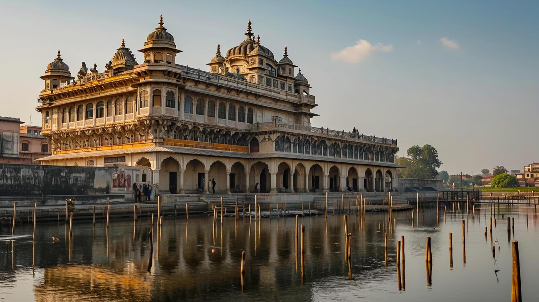 ai généré photo de majestueux, historique bâtiment avec complexe architectural détails, permanent à côté de serein corps de l'eau en dessous de clair ciel. le bâtiment a grand dôme à le Haut ai généré