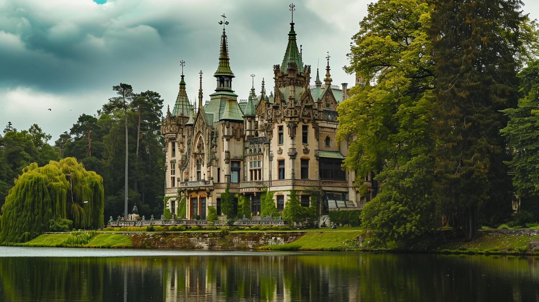 ai généré photo de majestueux Château comme structure, entouré par luxuriant verdure et serein corps de l'eau. le bâtiment plusieurs tours avec pointu toits, et vert les toits. ai généré