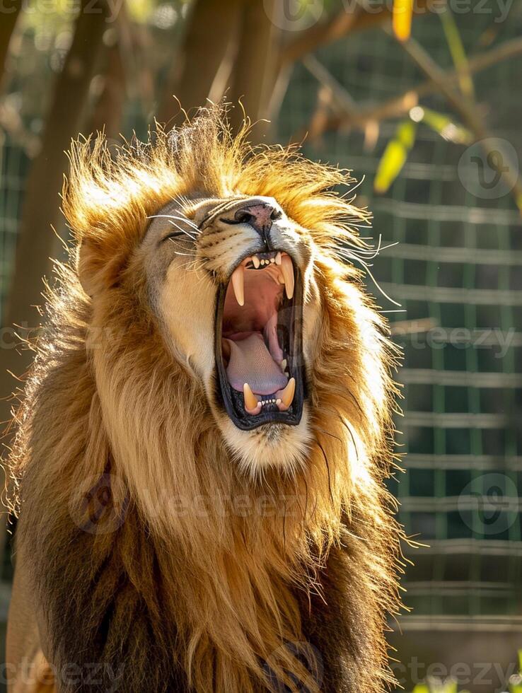 ai généré rugissement Lion capturé mi-rugissement avec ses crinière écoulement et les dents exposé ai généré photo