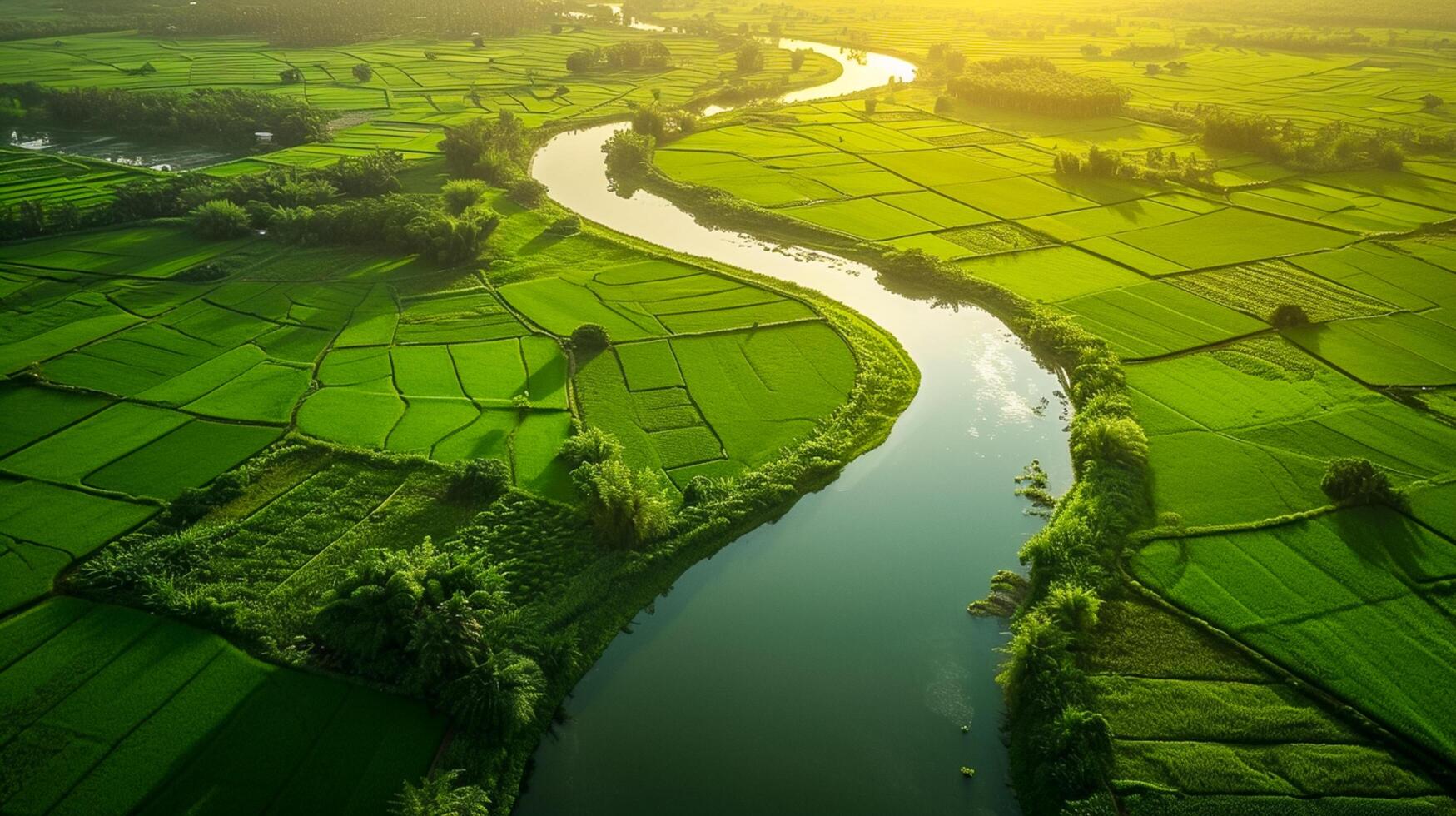 ai généré luxuriant vert paysage intersecté par calme rivière, le Soleil moulage longue ombres. le rivière devrait méandre par le paysage, reflétant le ciel et alentours verdure ai généré photo