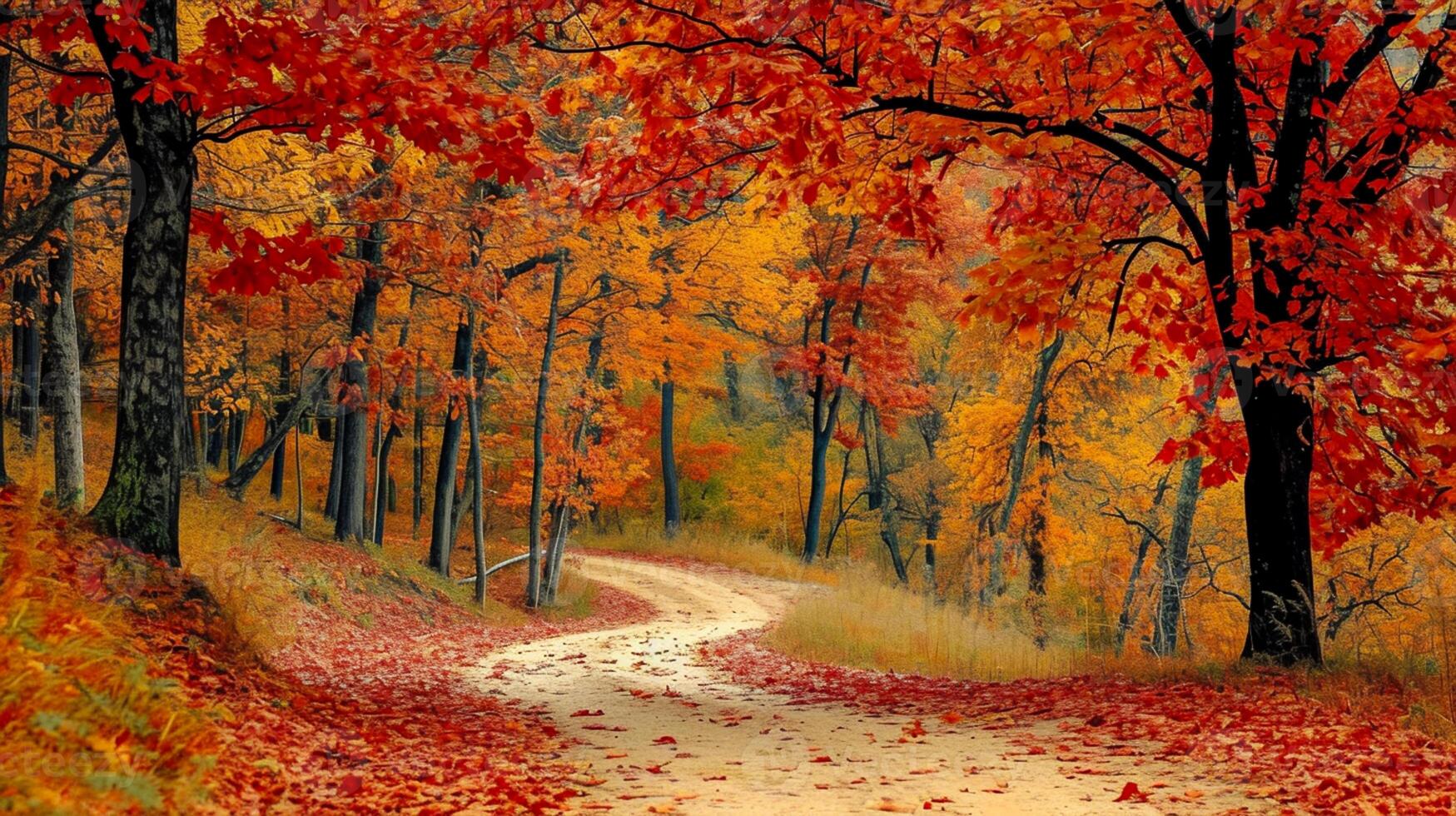 ai généré photo de magnifique scène dans forêt. enroulement saleté chemin méandres par le milieu de le entouré par déchue feuilles ai généré