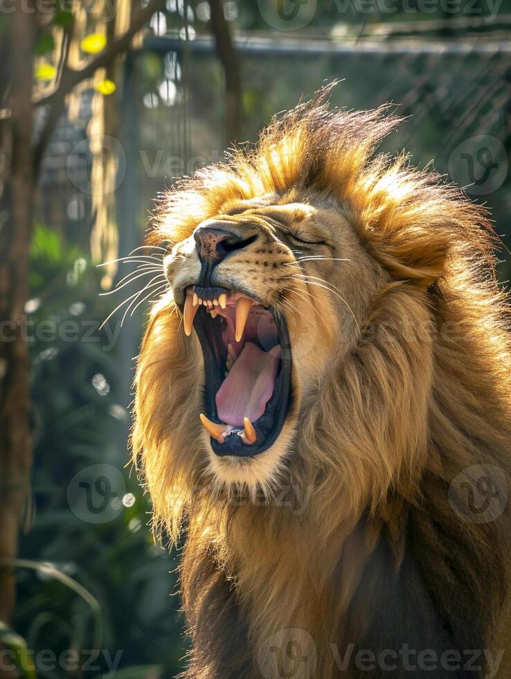 ai généré rugissement Lion capturé mi-rugissement avec ses crinière écoulement et les dents exposé ai généré photo