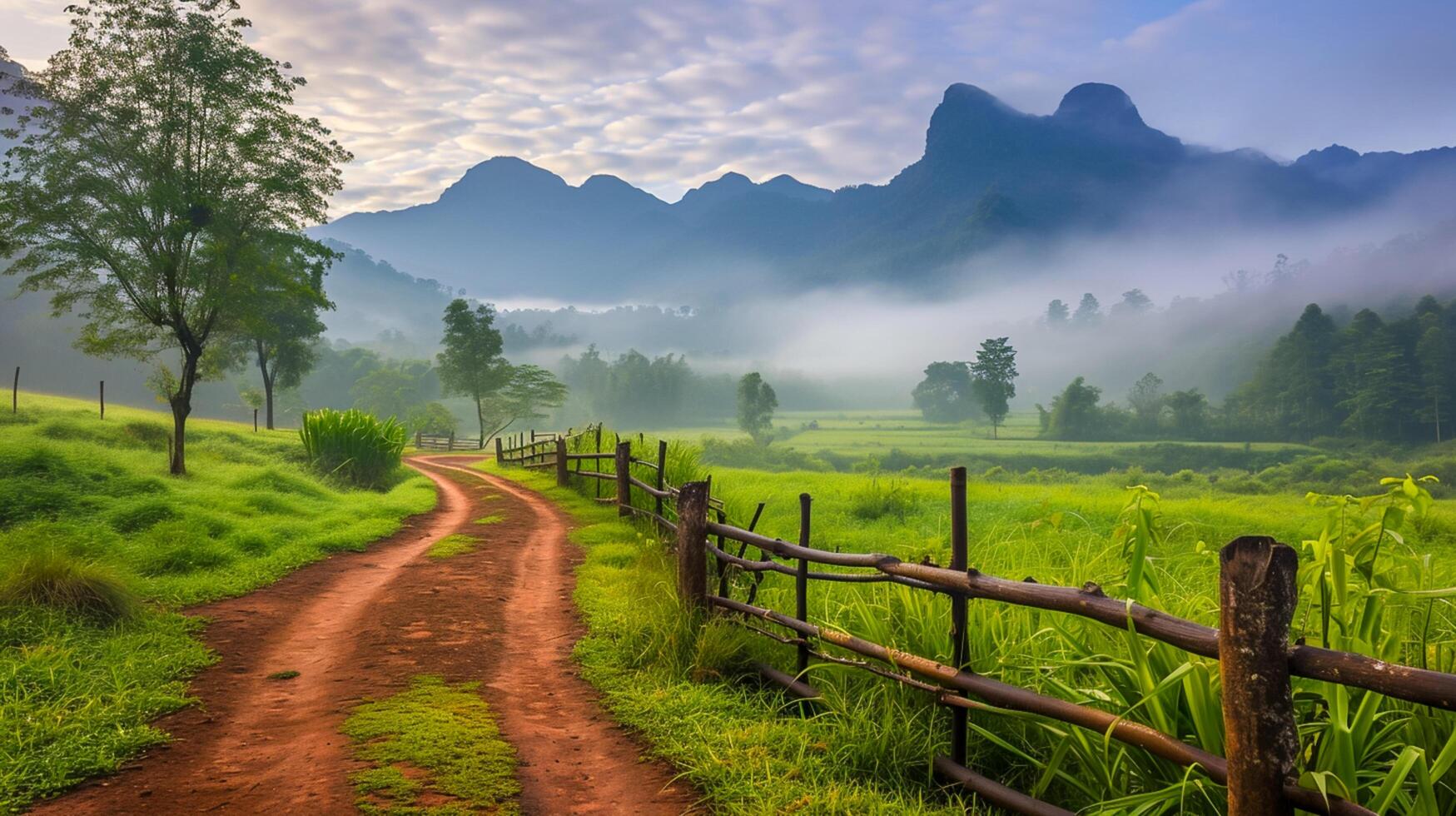 ai généré tranquille rural de bonne heure Matin . enroulement saleté chemin est éminent, de premier plan le téléspectateur œil par le il entouré par luxuriant verdure. bois clôture court aux côtés de le chemin. ai généré photo