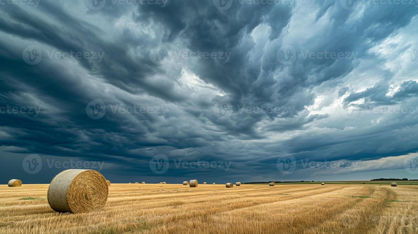 ai généré cette est un image de vaste champ avec épars foins balles en dessous de spectaculaire nuageux ciel. le ciel au dessus est rempli avec épais, foncé des nuages indiquant un imminent orage ou pluie ai généré photo