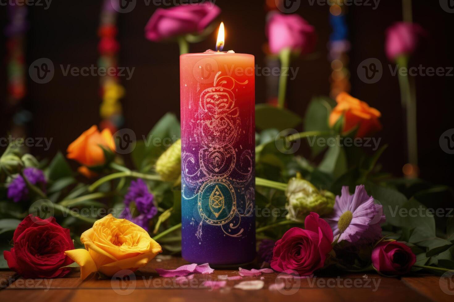 ai généré sur le thème des chakras bougie orné avec Frais fleurs. photo