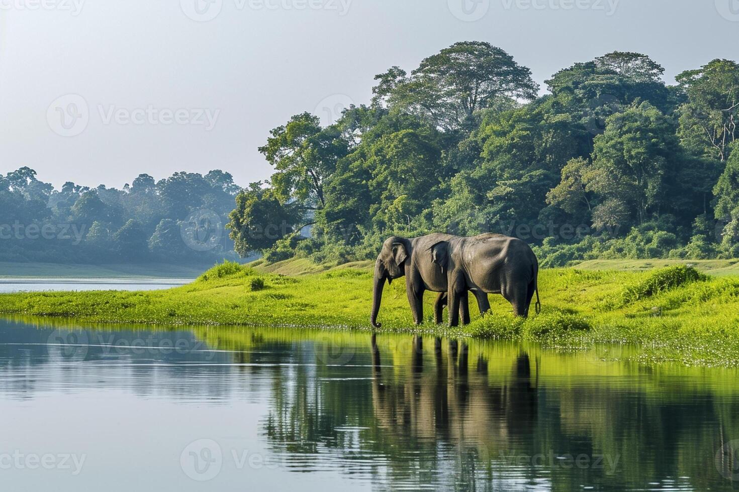 ai généré tranquille scène dans la nature où deux éléphants sont vu près le l'eau bord. ai généré photo