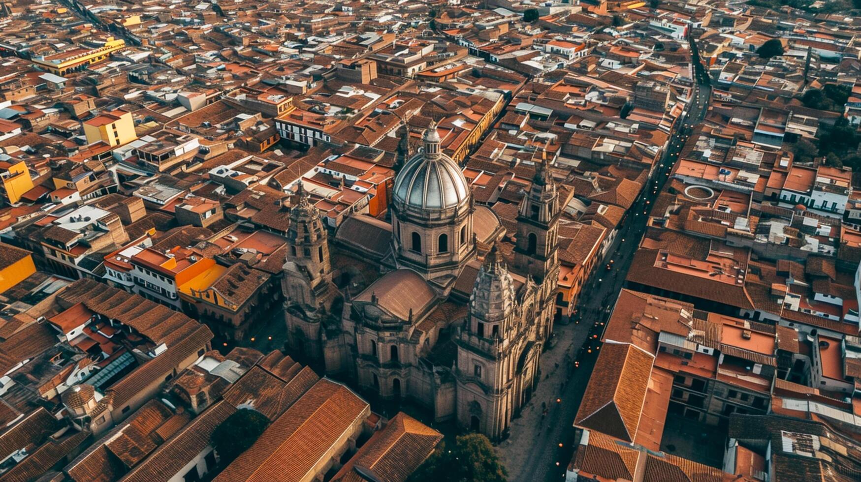 ai généré aérien vue capture historique cathédrale entouré par à forte densité emballé paysage urbain. le ville a étroit des rues et marron les toits, avec traditionnel architecture ai généré photo