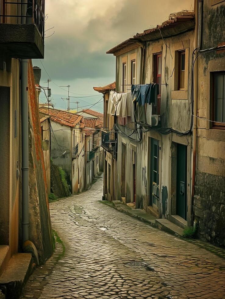 ai généré image capture étroit, enroulement pavé rue doublé avec vieux bâtiments et blanchisserie pendaison de le balcons ai généré photo