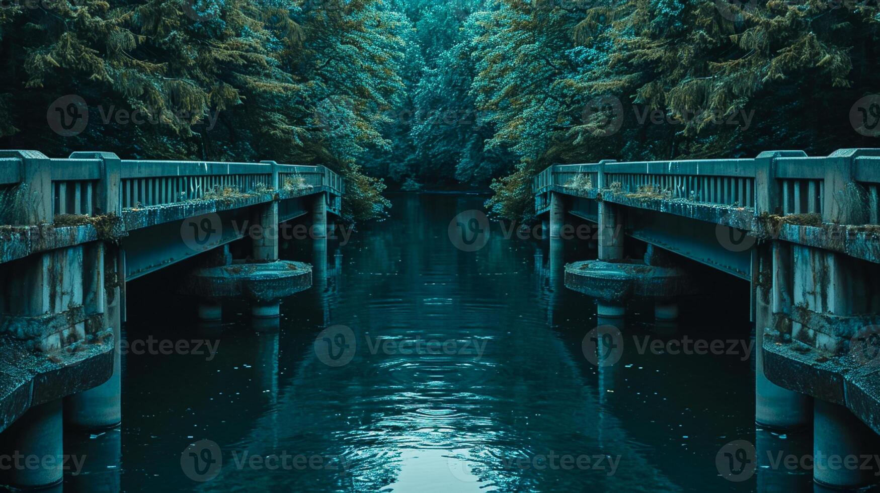 ai généré photo de deux symétrique des ponts traversée plus de foncé rivière. le des ponts devrait être identique et symétrique, avec complexe de construction dessins visible. ai généré