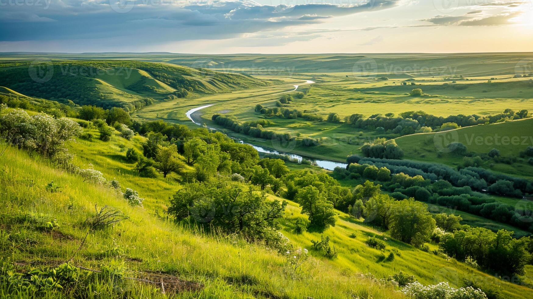 ai généré photo vaste prairie avec vert herbe, large rivière dans le distance, et luxuriant forêt sur tous les deux côtés, longue exposition ai généré