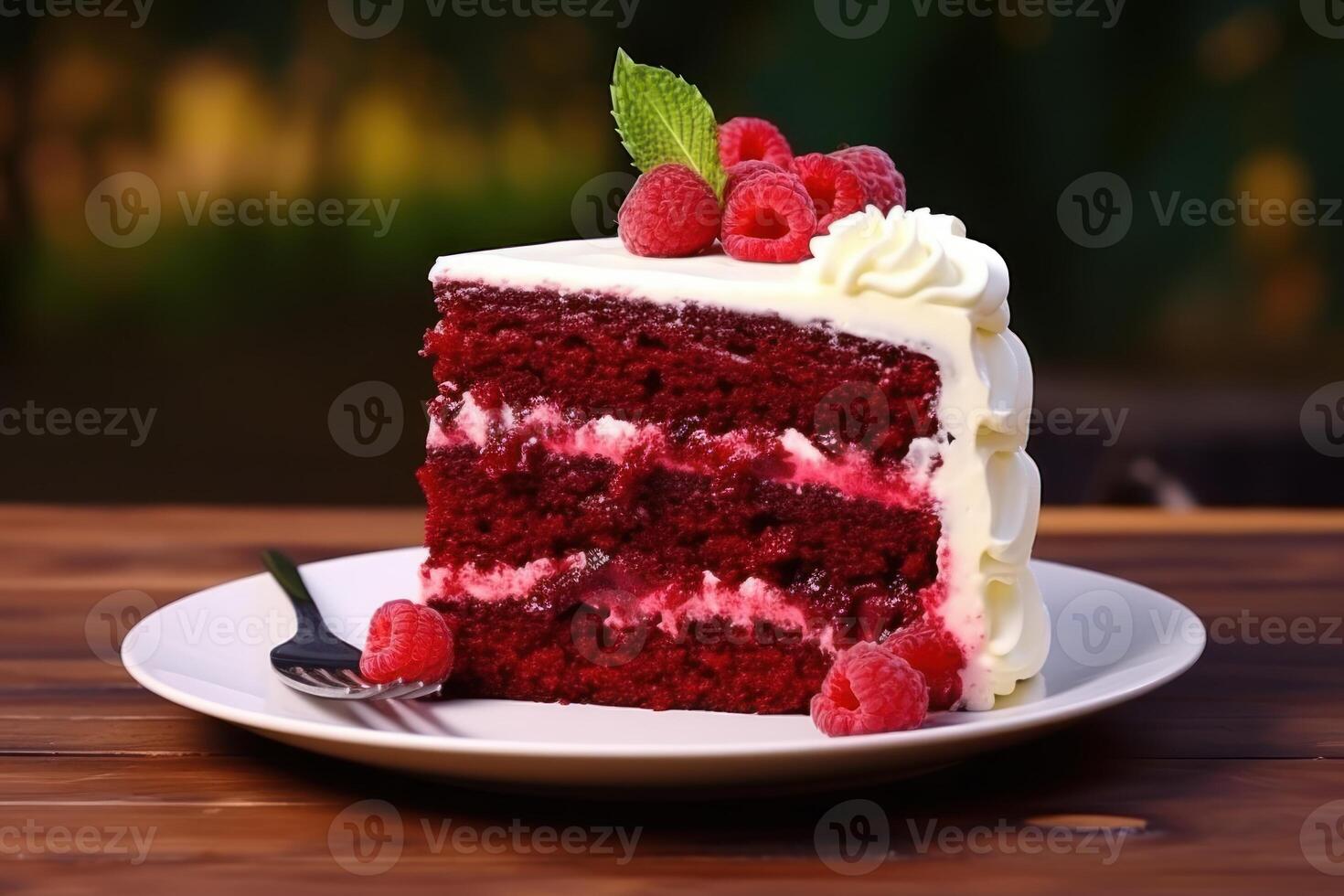 ai généré rouge velours gâteau tranche, framboise, les diables gâteau, mariage, anniversaire, délicieux, traditionnel photo