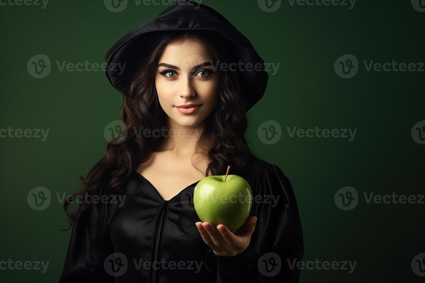 ai généré magnifique femme habillé comme sorcière pour Halloween avec Pomme photo