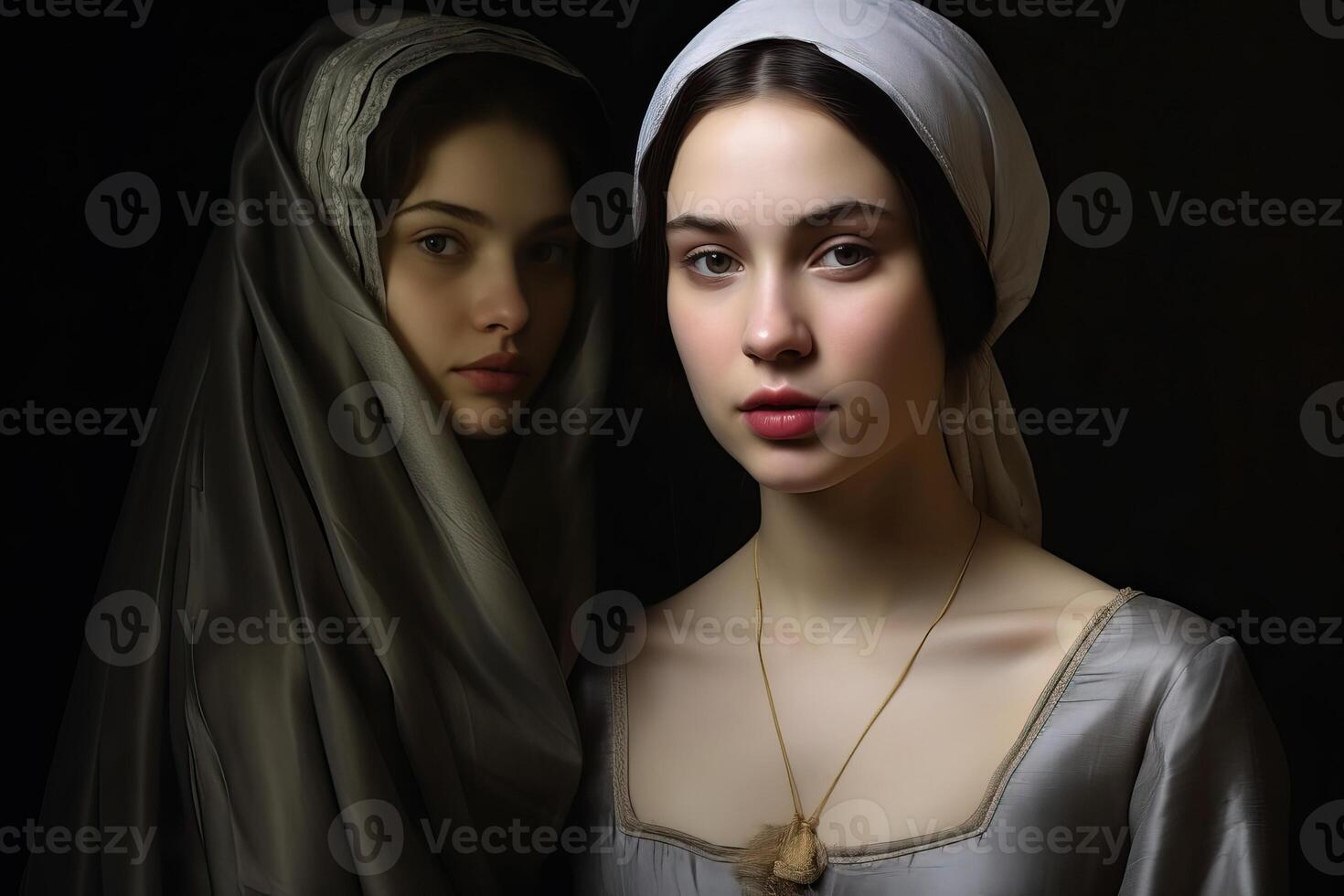 ancien portrait de Jeune fille dans médiéval robe, comparant époques photo