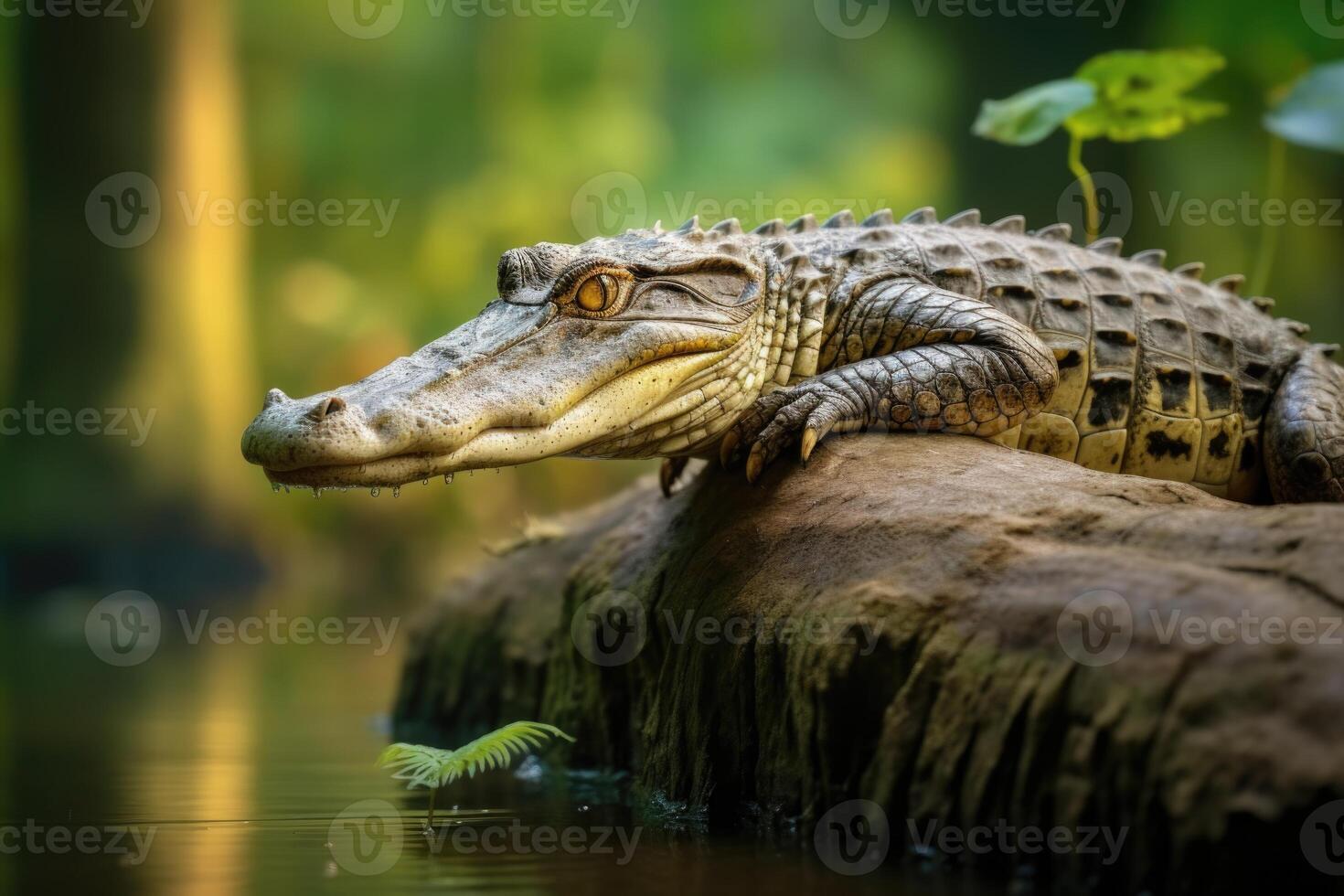 ai généré Jeune crocodile sur bâton dans sri lanka rivière. photo