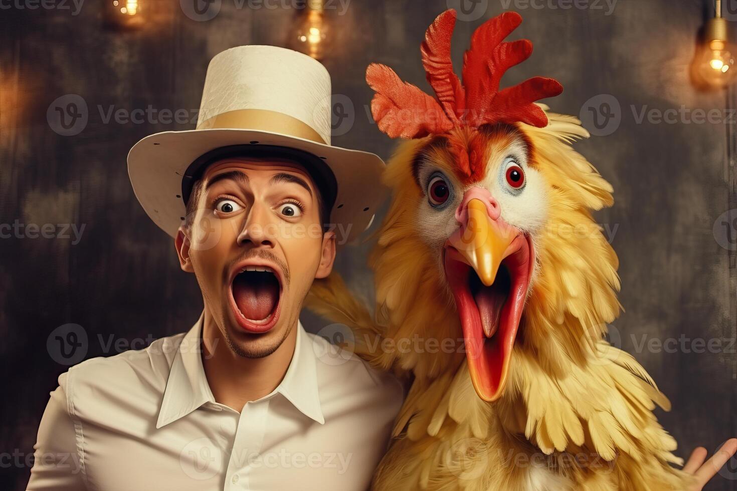 ai généré aime s'amuser couple dans poulet costumes en jouant par mur photo