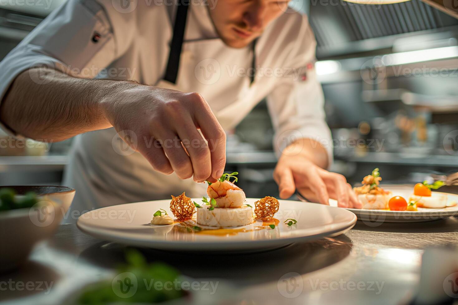 ai généré chef garnir une gourmet plat dans cuisine photo